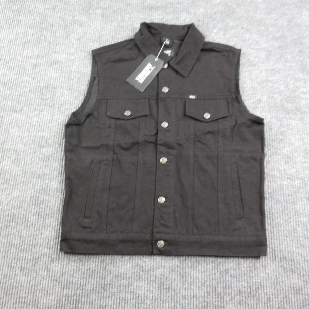 Straight To Hell Vest Mens L Black Biker Twill Denim Collared Pockets NWT